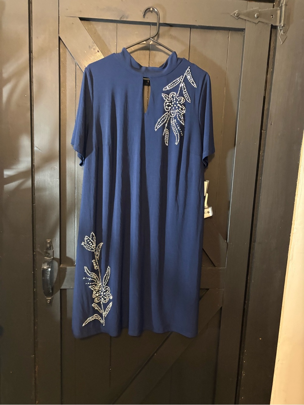MSK Navy Blue Midi Dress with Crystal Floral Accents